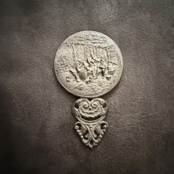 Other - Vintage Denmark Hand Mirror With Embossed Farm Scene Design & Ornate Handle